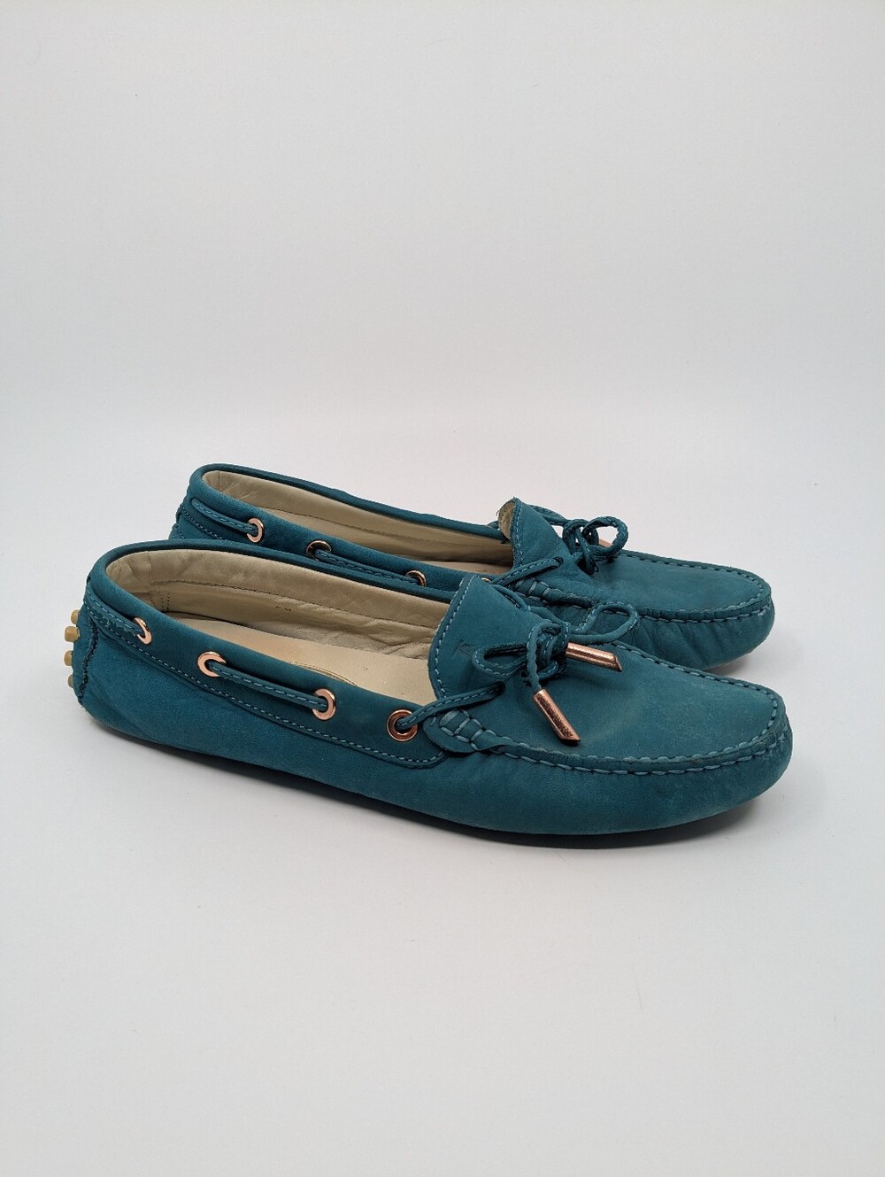 Tod's Gommino Tassel Driving Loafers Nubuck Leather Teal EU 38